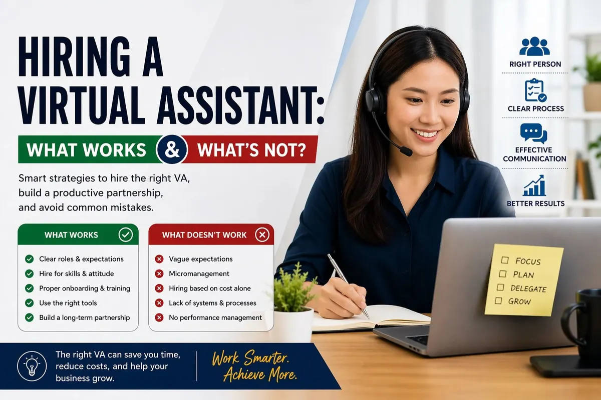 Infographic: Hiring a virtual assistant, what works and what's not, with a smiling VA at her desk
