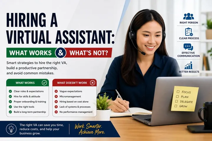 Infographic: Hiring a virtual assistant, what works and what's not, with a smiling VA at her desk
