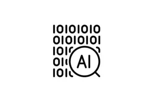 Binary code with a magnifying glass highlighting AI.