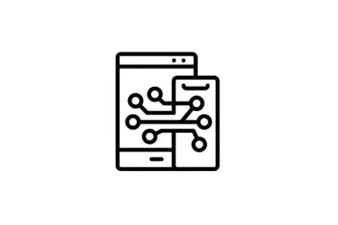Outline of two devices connected by circuitry, symbolizing technology integration.